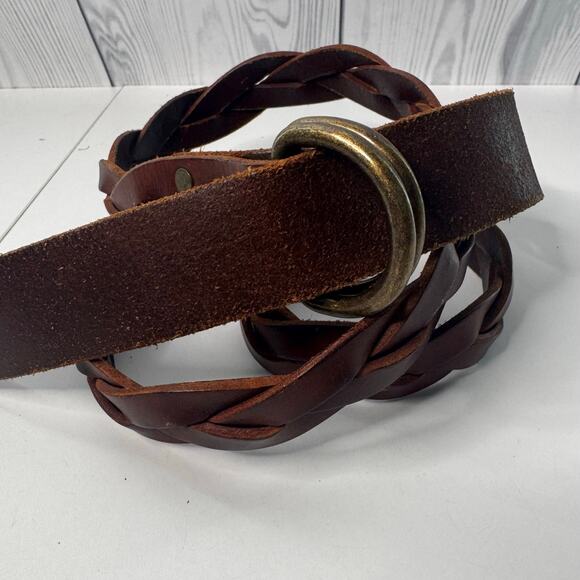Vtg Tommy Hilfiger Brown Braided Leather Belt Brass Hardware Sz 44 - Picture 1 of 9